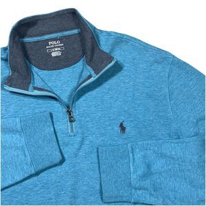 Polo Ralph Lauren 1/4 Zip Mens Size L Aqua Blue Heather Pullover Cotton Sweater